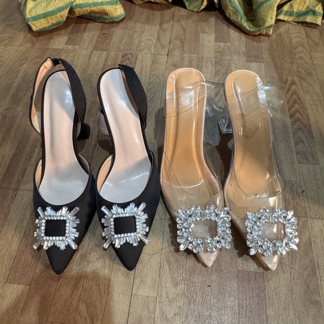 2 heels bundle shein size us 8 (Category: Heels) located in Manila. Submitted by bey.moiselle (Listing ID 1440487598, Image 2). Description: size uk 39 us 8 brandnew, havent use brand shein Black and Transparent Embellished Pointed Toe Heels - Two stylish slingback heel options: classic black or transparent. - Features a trendy clear block heel for comfortable height. - Elegant square rhinestone embellishment on the toe. .