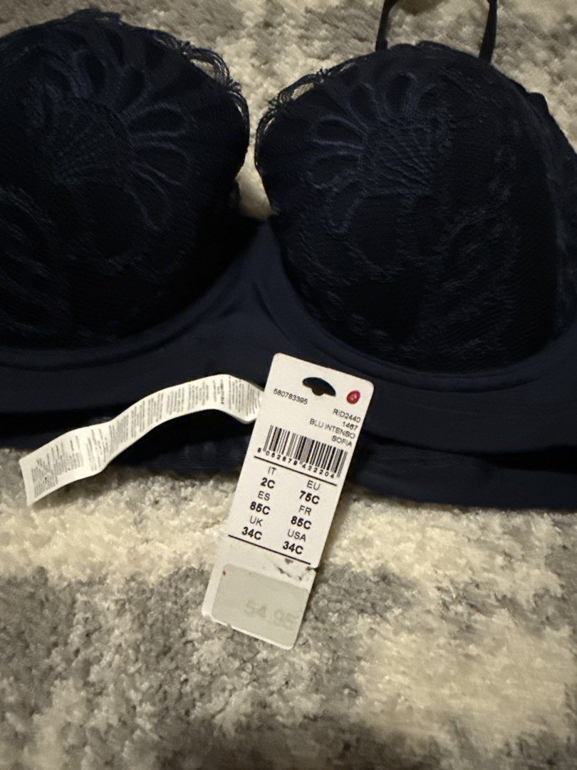 Intimissimi Navy Lace Bra and Panty Set (Category: Undergarments & Loungewear) located in Cavite. Submitted by rcmontoya (Listing ID 1440466983, Image 3). Description: - Brand: Intimissimi - Color: Navy Blue - Set includes: Balconette bra and high-waisted panties - Features: Intricate lace detailing on bra cups and panty front - Bra style: Balconette with adjustable straps - Panty style: High-waisted, comfortable fit - Condition: Brand new with t