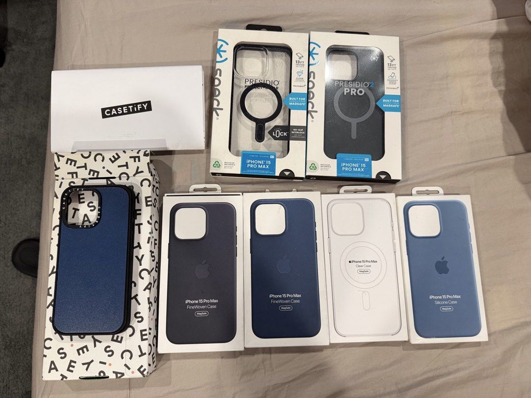 iPhone 15 Pro Max Cases (Category: Cases & Sleeves) located in Las Pinas. Submitted by albertdevaras (Listing ID 1440534723, Image 1). Description: Selling my personal pre-loved cases RFS: Upgraded phone already FineWoven Black: Sold FineWoven Blue: 1,000 (used multiple times) Clear Case: 1,500 (opened but never used) Silicone Blue: 1,000 (used multiple times) Casetify Blue: Sold Speck Clear: Sold Speck Gray: Sold.