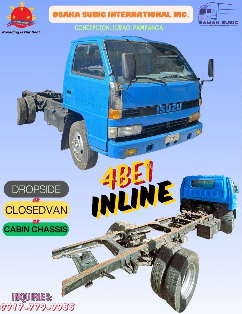 ISUZU CAB AND CHASSIS 4BE1 INLINE. (Category: Heavy Vehicles) located in Subic. Submitted by osaka_subic (Listing ID 1433840560, Image 1). Description: Isuzu Cabin and Chassis 4BE1 Inline. It can be Cabin Chassis or Dropside or Closed Van. OSAKA SUBIC INTERNATIONAL INC. OFFERS TEHE BEST QUALITY AND AFFORDABLE JAPAN SURPLUS TRUCKS AND HEAVY EQUIPMENT. 📍Location: JASA Road Purok 2, Lubao, Concepcion, Pampanga. For inquiries please contact: 📞0919 