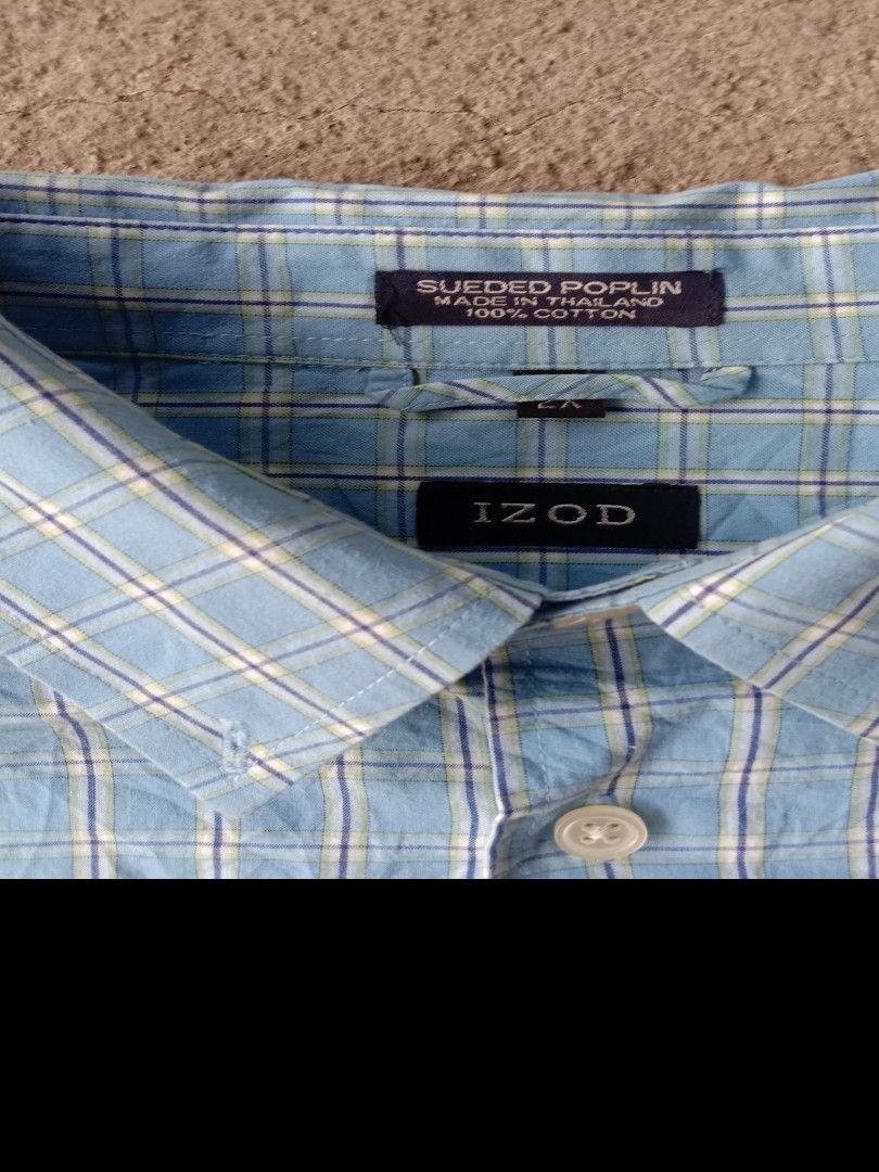 IZOD MEN'S BIG BLUE CHECKERED PLAID SHORT SLEEVE BUTTON UP (Category: Tshirts & Polo Shirts ) located in Manila. Submitted by adinsthrift (Listing ID 1440433997, Image 3). Description: IZOD MEN'S BIG BLUE CHECKERED PLAID SHORT SLEEVE SIZE- 2XL ON TAG L-33.5 W- 24.