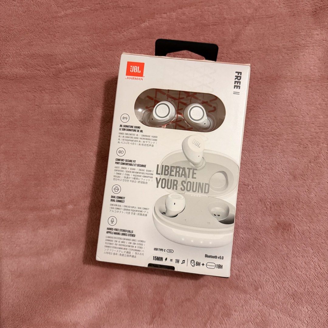 JBL Free II True Wireless Earbuds (Category: Earphones) located in Santa Barbara. Submitted by _ohhani (Listing ID 1440543469, Image 2). Description: hindi pa nabuksan 7k+ pa sa JBL offical store - JBL Free II True Wireless Earbuds - Signature JBL sound and secure, comfortable fit - Dual Connect: Use one or both earbuds independently - Includes portable charging case - Bluetooth v5.0 connectivity - USB Type-C charging port.