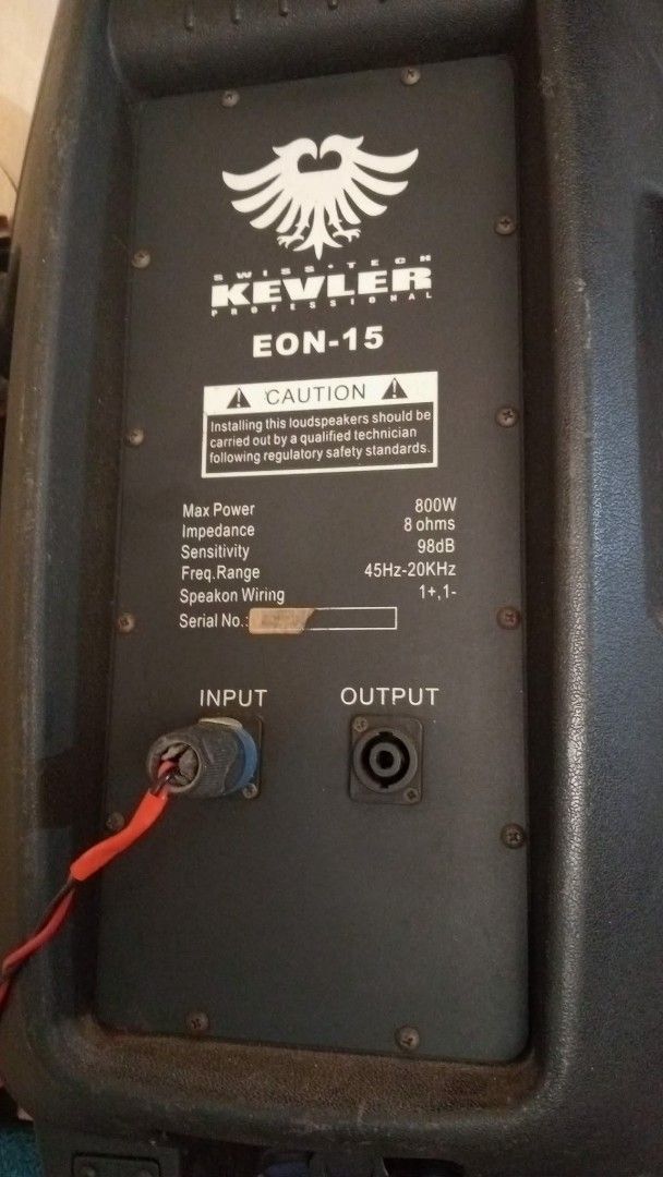 Kevler EON-15 PA Speaker 800W (Category: Soundbars, Speakers & Amplifiers) located in Las Pinas. Submitted by taaouya (Listing ID 1440435425, Image 3). Description: - Kevler EON-15 PA Speaker - Max Power: 800W - Impedance: 8 ohms - Frequency Range: 45Hz-20KHz - Input and Output Connectors - Ideal for events, gigs, and parties - Delivers powerful and clear sound 2 pc wall-mounted speakers if with stand 13k no issues rfs: barely used for sale only 