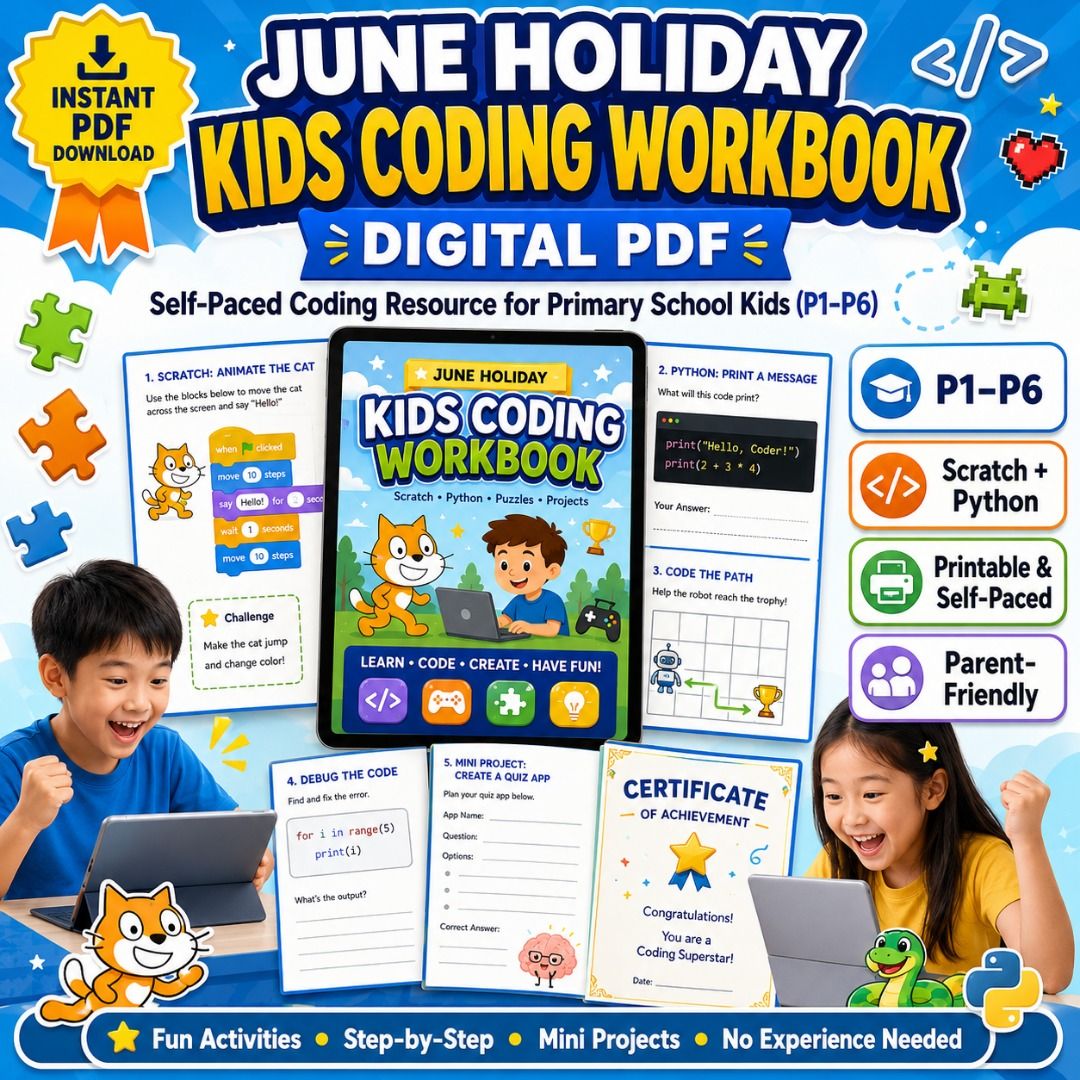 Kids Coding Workbook | Scratch & Python for Primary School | Digital PDF | Coding Tuition Resource (Category: Children's Books) located in Singapore. Submitted by mathwizz (Listing ID 1440556089, Image 1). Description: 📘 KIDS CODING WORKBOOK — DIGITAL PDF Self-paced coding resource for Primary School kids (P1–P6) Want your child to learn coding — but can't commit to a full tuition programme? This printable workbook lets your child learn at their