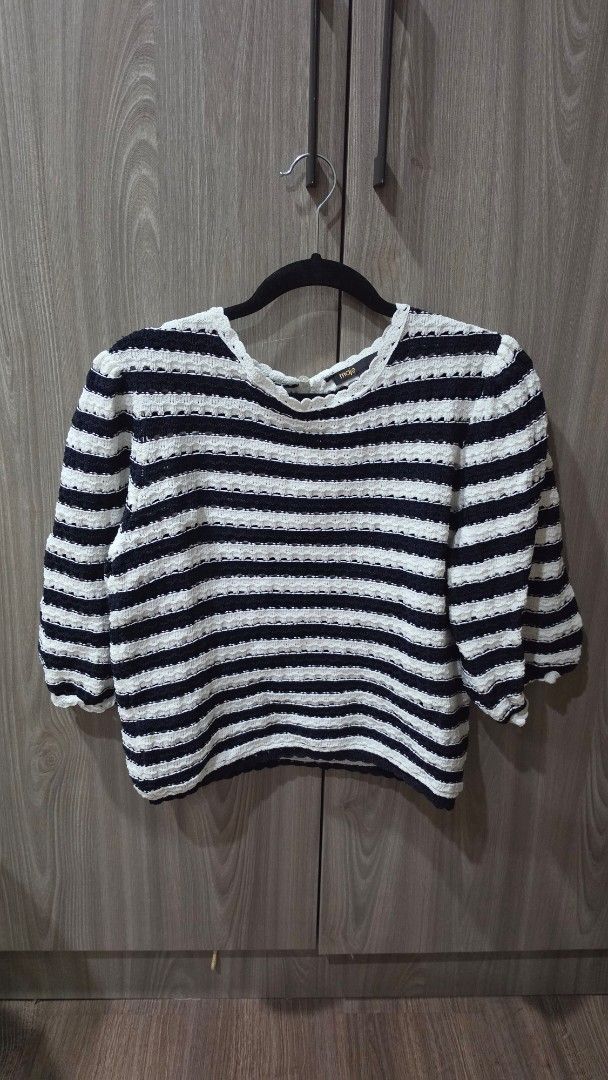 Maje Crochet Effect Striped Knit Puff Sleeve Top (Category: Blouses) located in Manila. Submitted by phyliciamarie (Listing ID 1440549801, Image 3). Description: - Classic black and white striped knit top - Trendy puff sleeves with textured detail - Comfortable crew neck with a stylish keyhole back - Estimated size: Large - Ideal for casual outings and everyday wear.