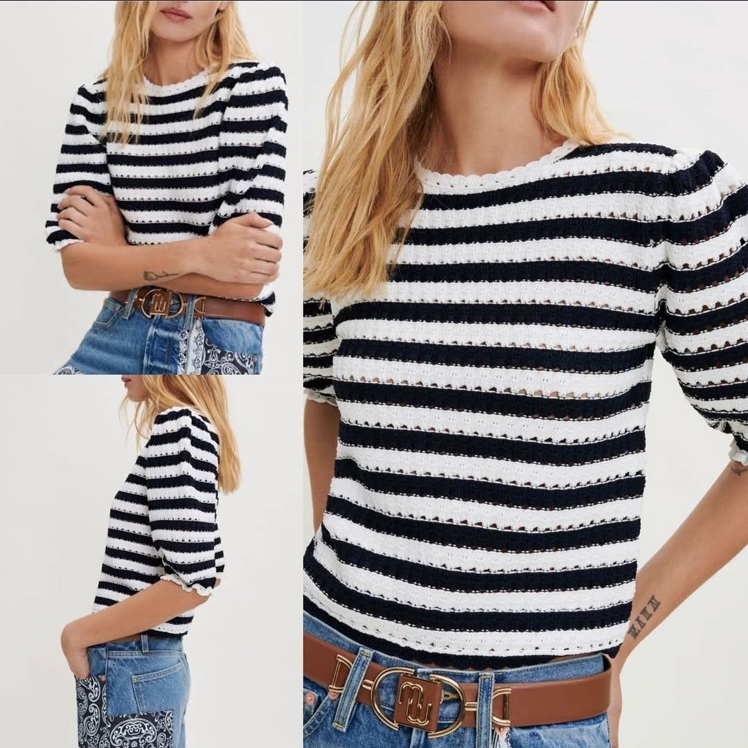 Maje Crochet Effect Striped Knit Puff Sleeve Top (Category: Blouses) located in Manila. Submitted by phyliciamarie (Listing ID 1440549801, Image 2). Description: - Classic black and white striped knit top - Trendy puff sleeves with textured detail - Comfortable crew neck with a stylish keyhole back - Estimated size: Large - Ideal for casual outings and everyday wear.