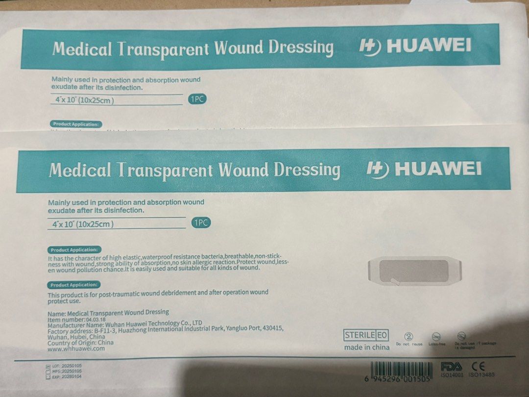 Medical Transparent Wound Dressing (Huawei) (Category: Medical Supplies & Tools) located in Rizal. Submitted by liz_bnnt (Listing ID 1440534914, Image 2). Description: Kung sino po badly needed ito, nagkamali lang po ng bili. :( Available: 2 pcs, 4"x10" Delivery/sf to be shouldered by the recipient. .
