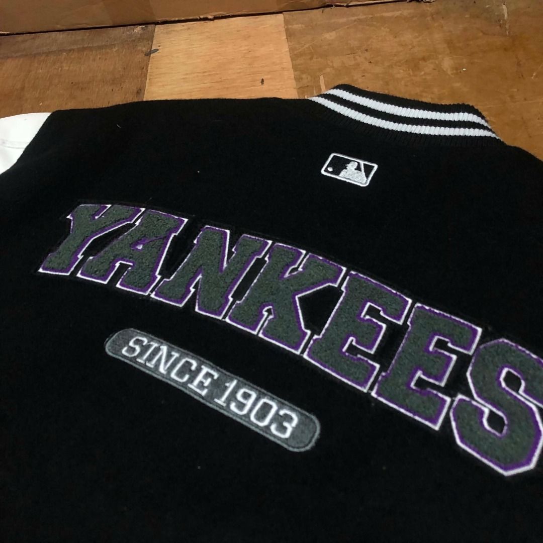 New York Yankees Varsity Jacket Leather Sleeves (Category: Coats, Jackets and Outerwear) located in Tayabas. Submitted by retro.rags69 (Listing ID 1440433622, Image 2). Description: New York Yankees Varsity Jacket Leather Sleeves • Excellent Condition • Color rate: 9.8/10 • width: 22 • length: 27 • Issue: minimal stain sa leather • Embroided and patched logo • Wool & leather • Black and white colorway • Best fit: L.