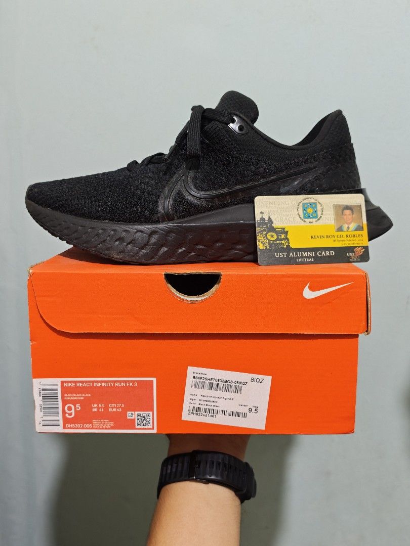 Nike React Infinity Run Flyknit 3 (sz9.5) (Category: Sneakers) located in Pasay City. Submitted by itsmekroy (Listing ID 1440529896, Image 1). Description: - Nike React Infinity Run Flyknit 3 - Color: Black - Size: US Men's 9.5 - Ideal for running and everyday wear - Comes with original box - Please check photos for condition details Payment: Bpi / Gcash Delivery: Lalamove Meet up: Merville Park Parañaque Thanks!.