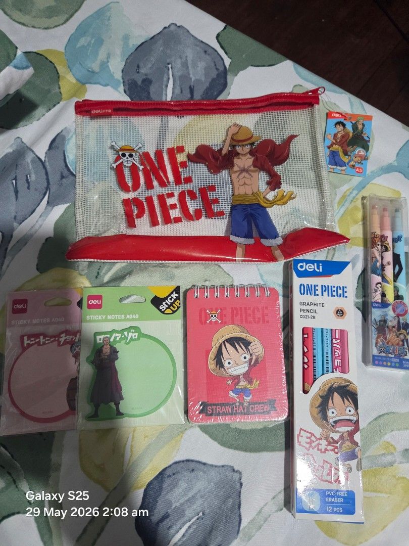 One Piece x Deli School Items (Selling as a Set) (Category: Stationery & School Supplies) located in Quezon City. Submitted by panchie32 (Listing ID 1440564847, Image 1). Description: Selling these cute Deli x One Piece items as a set ✨ These are never used/ brand new items. Included in the bundle: 📚 1 pouch ✏️ 1 box of sharpened pencils (12 pcs) 🖍️ Pack of 6 highlighters 📝 2 sticky notes 📓 1 small notebook Originally bought everything for ar