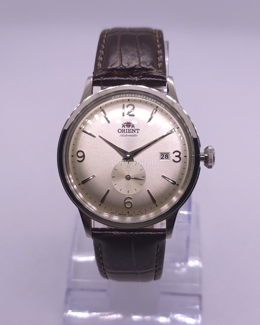 Orient Bambino Small Seconds RA-AP0003S30B (Category: Men's Watches) located in Tanauan. Submitted by oeyalbao (Listing ID 1440559171, Image 1). Description: - Orient automatic watch - Silver dial with Arabic numerals - Date window at 3 o'clock - Brown leather strap - Ideal for everyday wear or collectors - In good running condition.