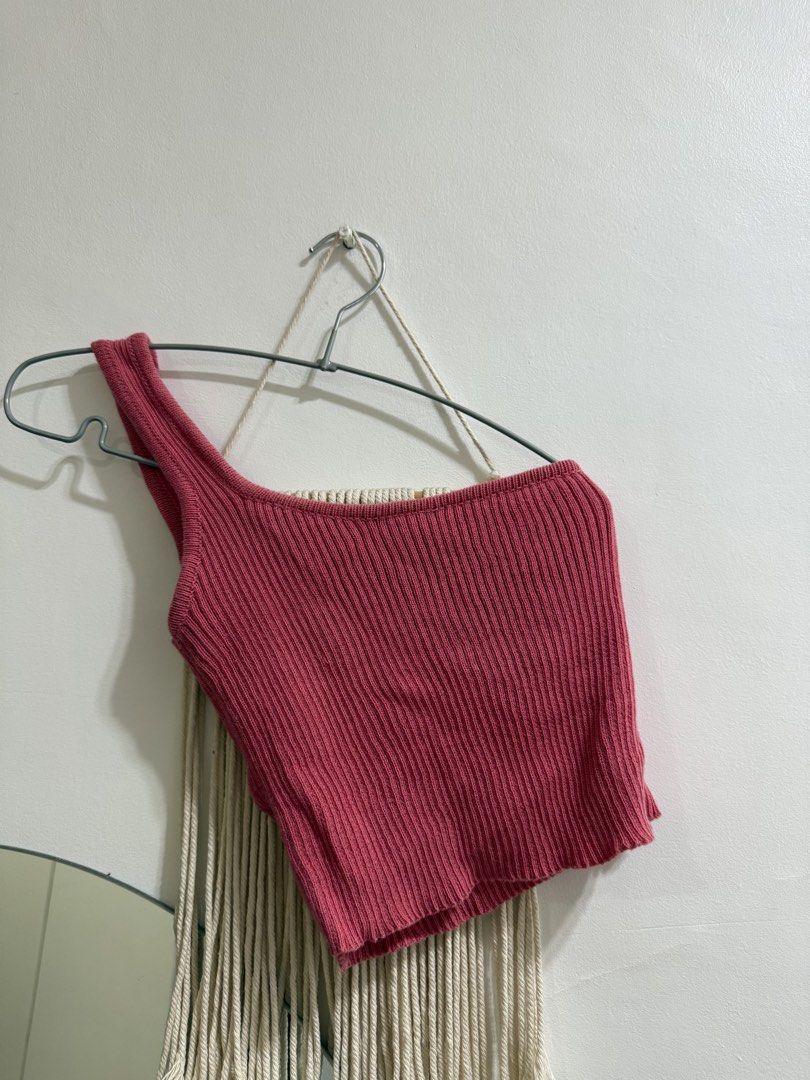Pink One Shoulder Ribbed Knit Crop Top (Category: Sleeveless) located in Batangas. Submitted by shopmystuff_ (Listing ID 1440444246, Image 1). Description: - Adorable pink ribbed knit crop top - Trendy one-shoulder design - Super stretchy and comfortable material - Perfect for casual wear or dressing up - Versatile: pairs well with jeans or skirts.