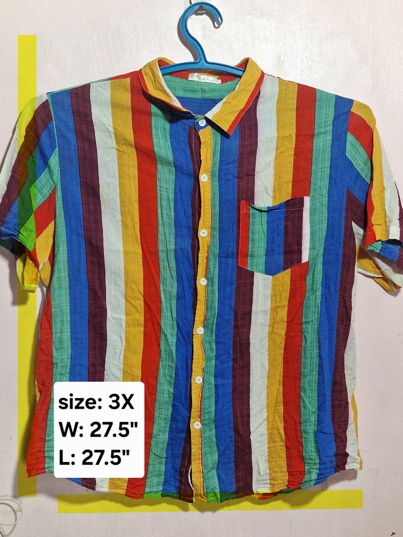 Plus size rainbow Striped Short Sleeve Button Up Shirt (Category: Shirts) located in Mandaluyong City. Submitted by kitzigzag (Listing ID 1440558432, Image 1). Description: - Colorful striped short sleeve shirt - Left chest pocket - Button up front - Size: 3X - Measurements: Width 27.5", Length 27.5" MOP: GCASH Delivery via lalamove or gogo express .