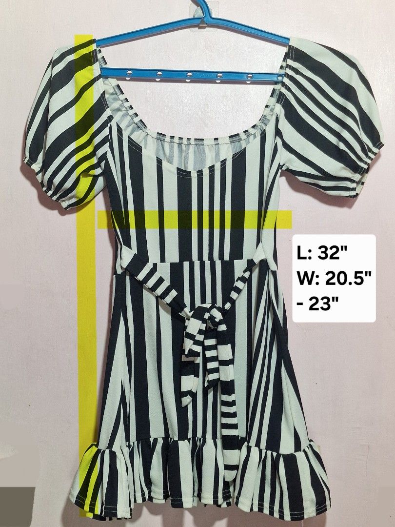 Plus size Striped Off-Shoulder Puff Sleeve Dress (Category: Dresses) located in Mandaluyong City. Submitted by kitzigzag (Listing ID 1440575448, Image 1). Description: - black and white stripes - off-shoulder neckline - puff sleeves - ruffled hemline - L: 32", W: 20.5" - 23" - best fit 1XL - issue: little stains MOP: GCASH Delivery via lalamove or gogo express .