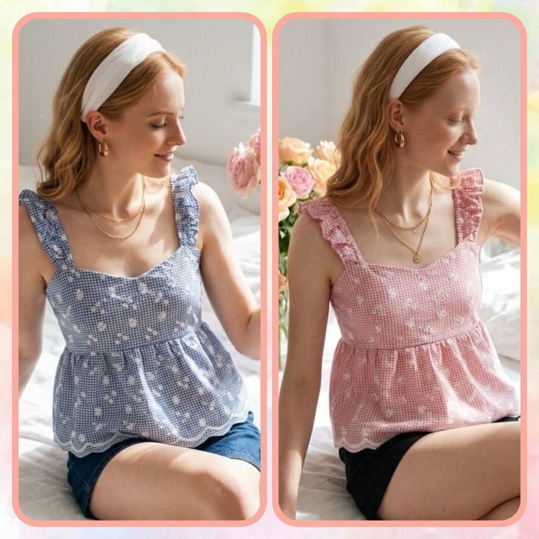 SMALL TO MEDIUM • Garterized Strap Sleeveless Peplum Top (Category: Blouses) located in Rizal. Submitted by arca_closet (Listing ID 1440427740, Image 1). Description: • ITEM DETAILS • ✓ FABRIC: Gingham Seer Sucker / Non stretch ✓ SIZE: Small to Medium body frame ✓ PLEASE PROVIDE 2ND OPTION.