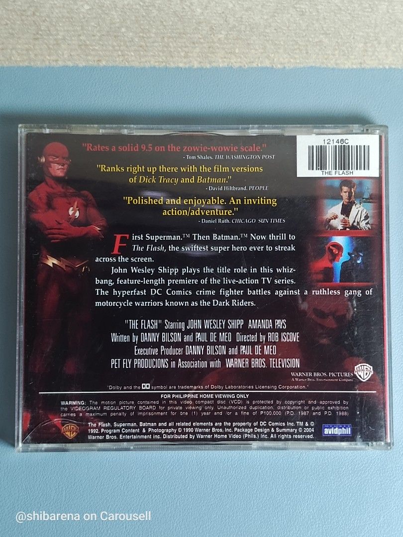 The Flash VCD (Category: CDs & DVDs) located in Cebu City. Submitted by shibarena (Listing ID 1440463637, Image 2). Description: - The Flash VCD (Pre-owned) - 2-disc set - Features John Wesley Shipp as The Flash - Released by Warner Bros. Pictures - Ideal for fans of the classic DC Comics hero ⚠️ Please ensure your DVD player supports VCD before purchase..