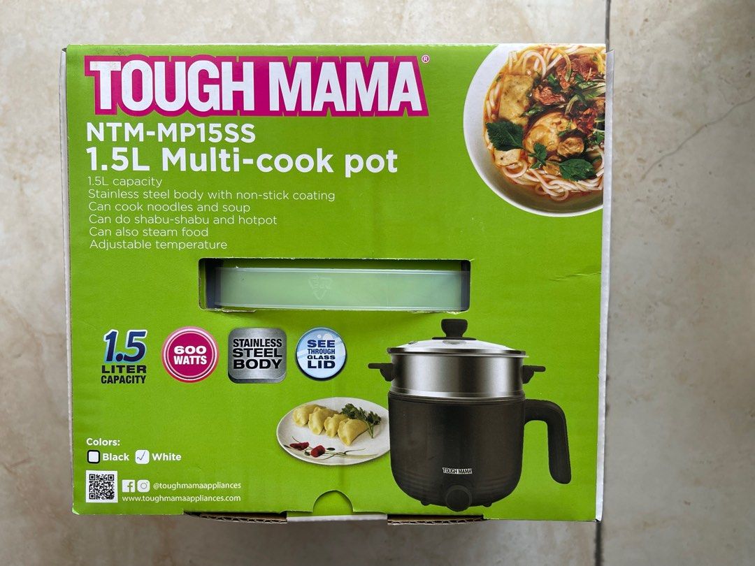 Tough Mama Non-Stick Multipot 1.5L Multicooker (Category: Cookers) located in Pasay City. Submitted by kkalien (Listing ID 1440492015, Image 2). Description: Tough Mama NTM-MP15SS Multipot 1.5L Multicooker Non-Stick Pot Electric Rice Cooker Hotpot 1.5L capacity Stainless steel body with non-stick coating Can cook noodles and soup Can do shabu-shabu and hotpot Can also steam food Adjustable temperature 600 watts – Safety First Technology – Power S
