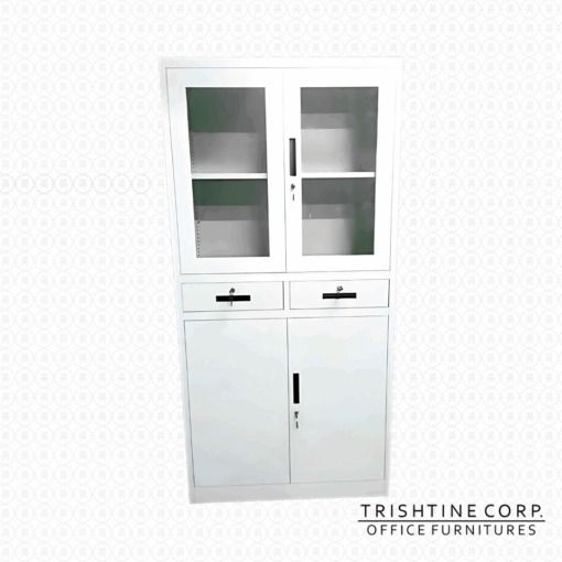 TSCAB-018 | Swing Glass Door Steel Cabinet (Category: Shelves, Cabinets & Racks) located in Caloocan City. Submitted by trishtine_jim9 (Listing ID 1440459586, Image 1). Description: Acid washed, phosphatized and electrostatic powder coating ﬁnish 2 swing glass doors 2 pull-out drawers with security lock Adjustable shelves Close-in cabinet Dimension and Finish: 90W x 42D x 185H cm (Light gray) 90W x 40D x 185H cm (Beige) DISCLAIMER: Price is for P