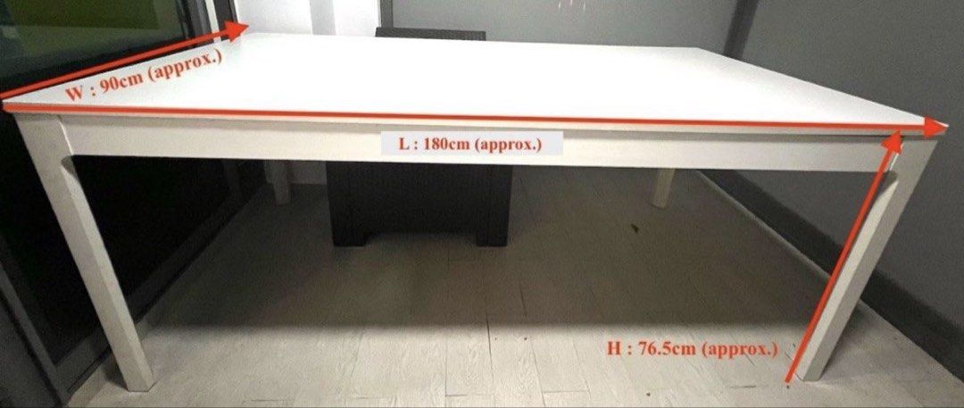 White Rectangular Dining Table - 180cm (Category: Tables & Sets) located in Singapore. Submitted by etkb076 (Listing ID 1440508377, Image 2). Description: - White rectangular table - Can use as a dining table or work desk - Original: 180cm (L) x 90cm (W) x 76.5cm (H) - Extended: 240cm (L) x 90cm (W) x 76.5cm (H) - Simple, clean design fits most interiors - Easy to maintain and clean surface - Ideal for family meals or study sessions.