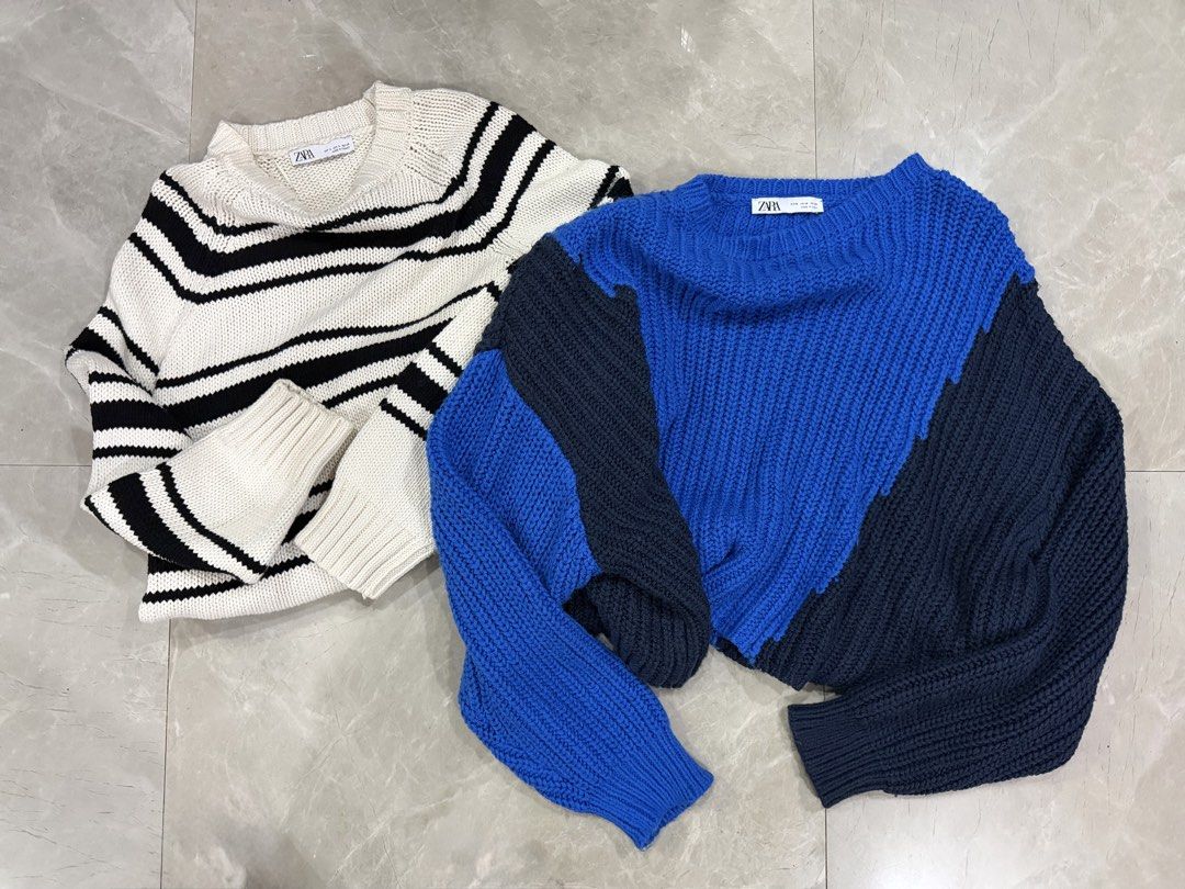 Zara sweaters (Bundle) (Category: Coats, Jackets and Outerwear) located in Rizal. Submitted by bae_gurl (Listing ID 1440536298, Image 1). Description: - zara sweaters bundle - heavy knits 🧶 * white stripes is small on tag the blue color block knitted sweater is medium on tag. Boxy crop fit for the blue one. - Good for large sizes (oversized fit) .