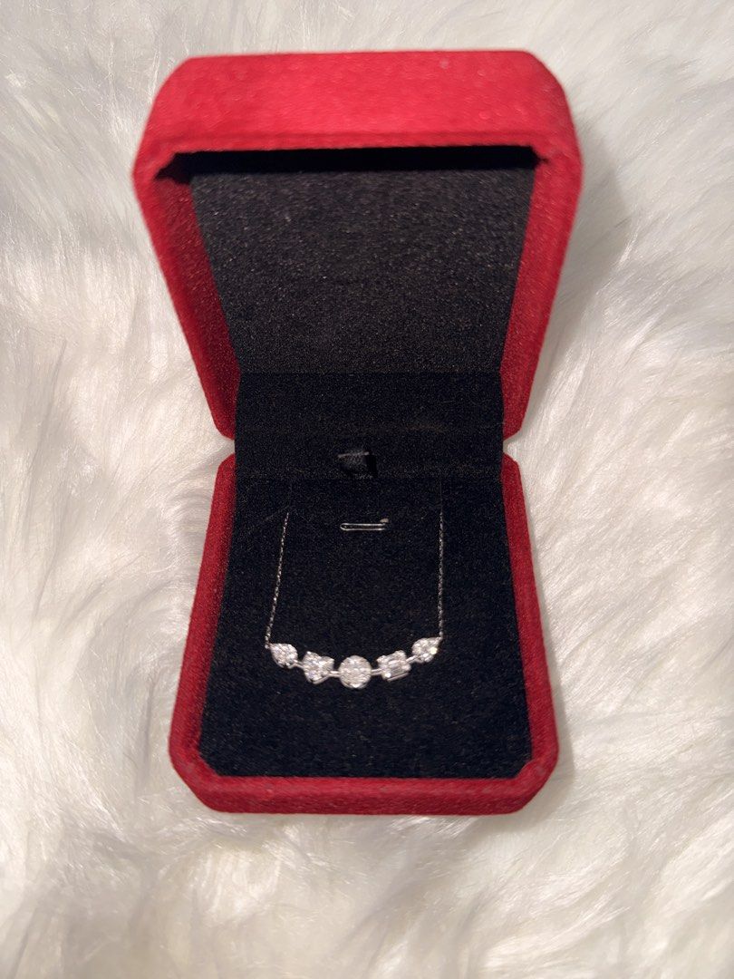 18K White Gold Multi-Shape Diamond Necklace with Certificate (Category: Necklaces) located in Quezon City. Submitted by iamkatechup (Listing ID 1440726469, Image 1). Description: - Beautiful 18K white gold necklace - Delicate chain with a cluster of sparkling diamonds - Total diamond weight: 41.00ct - Comes with an identification certificate for gem and jewelry - Stored safely in its original red velvet box - Perfect for adding sparkle to any out