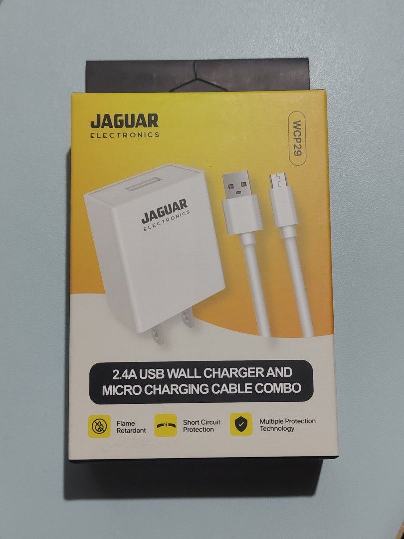 2.4A USB WALL CHARGER AND MICRO CHARGING CABLE (Category: Chargers & Cables) located in Quezon City. Submitted by jvzscbl (Listing ID 1440608958, Image 1). Description: - Jaguar 2.4A USB Wall Charger & Micro USB Cable Combo (Model WCP29) - Fast Charging: DC 5V/2.4A output - Safety First: Features flame retardant and fireproof material - Built-in Protections: Short circuit protection and multiple protection technology - Cable Length: 1 meter.