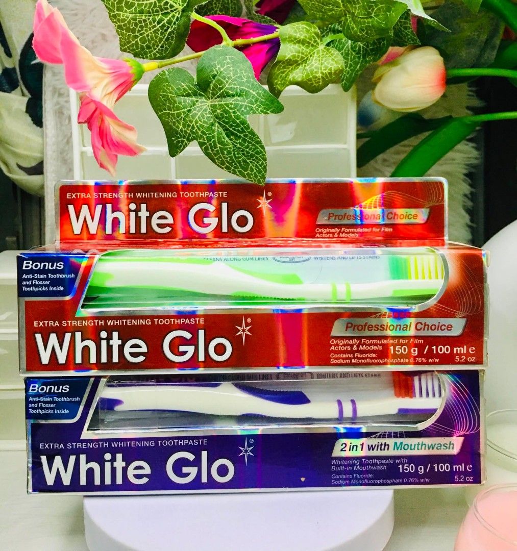 2 Pcs White Glo Extra Strength Whitening Toothpaste & Bonus Toothbrush (Category: Oral Care) located in Batangas. Submitted by cmaryjoy9060312 (Listing ID 1440616733, Image 1). Description: - Bundle includes 2 White Glo Whitening Toothpaste packs. - One pack is the Professional Choice formula. - The other pack is the 2-in-1 with Mouthwash. - Each pack comes with a FREE anti-stain toothbrush. - Get a brighter, whiter smile!.