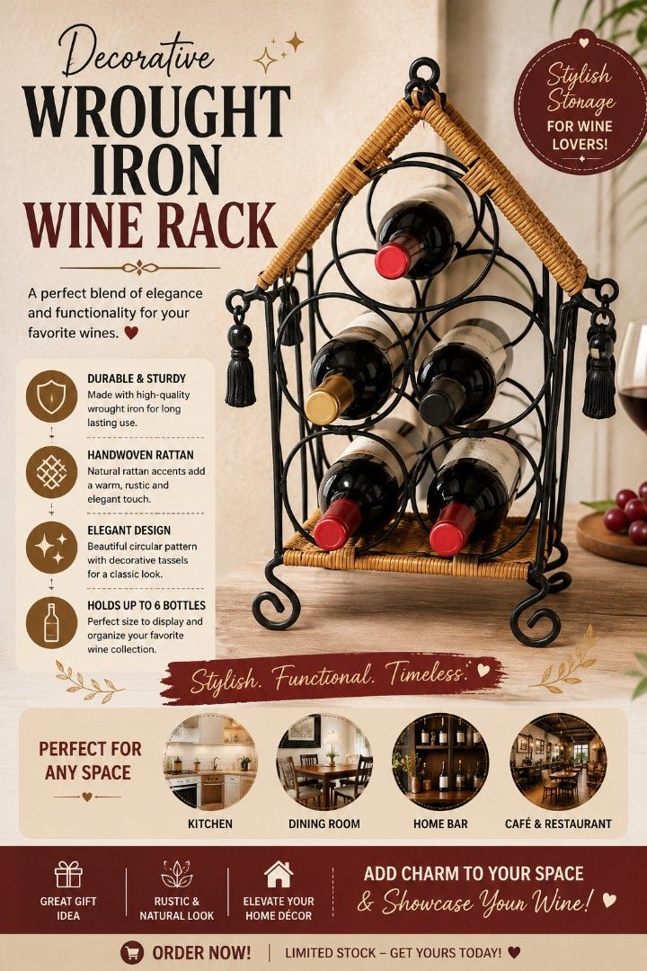 🍷✨ Wrought Iron Wine Rack ✨🍷 (Category: Wine Cellar & Storage) located in Binan City. Submitted by sakuratreasuresph (Listing ID 1440686566, Image 1). Description: 🍷✨ Wrought Iron Wine Rack ✨🍷 Keep your favorite wine bottles organized in style! 🖤 This decorative wine rack features a sturdy wrought iron frame with beautiful woven rattan accents — perfect for adding a rustic and classy touch to your space. 🍾🌿 📌 Features: 🍷 Durable wrought 
