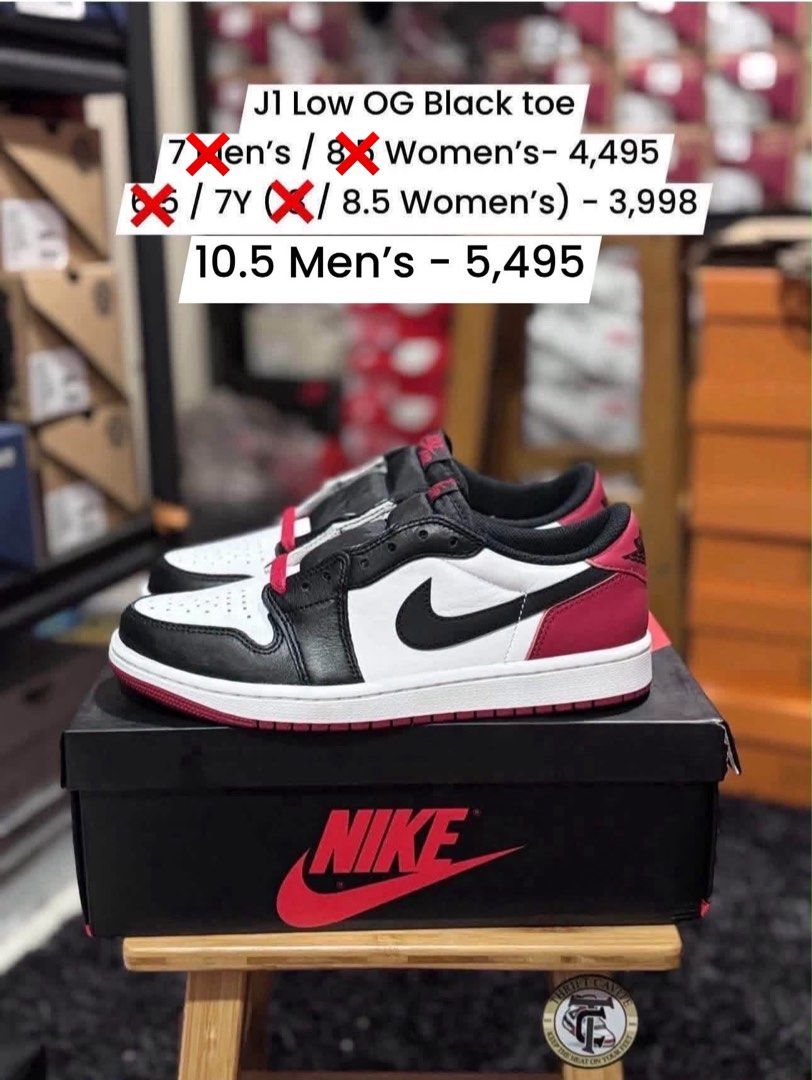 Air Jordan 1 Low OG Black Toe (Category: Sneakers) located in Amadeo. Submitted by jimkhaner (Listing ID 1440673870, Image 1). Description: - Air Jordan 1 Low OG - Colorway: Black Toe - Size: Men's 10/ 10.5 7Y/7M/8.5W - Price: ₱5,495 - Classic and essential for any sneakerhead's collection..