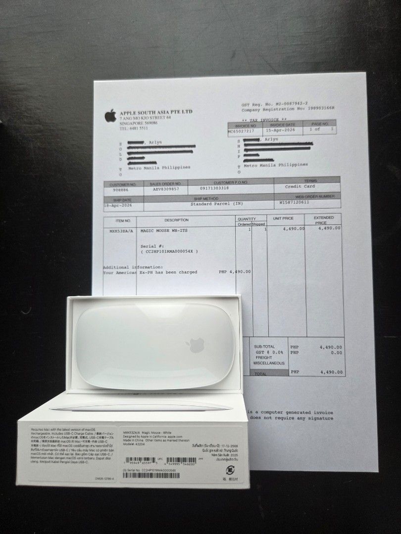 Apple Magic Mouse White (Category: Mouse & Mousepads) located in Manila. Submitted by acraftnine (Listing ID 1440736310, Image 2). Description: Naopen lang. Inorder online. Galing Apple Store Singapore. receipt under my name RFS: Hindi sanay sa manipis na mouse nabuksan lang. MOP: Payment first (via GCash or bank transfer) before shipping. Shipping fee: Shouldered by the buyer. NOTE: Please send proof of payment once done. ‼️ Pin location: Use ON