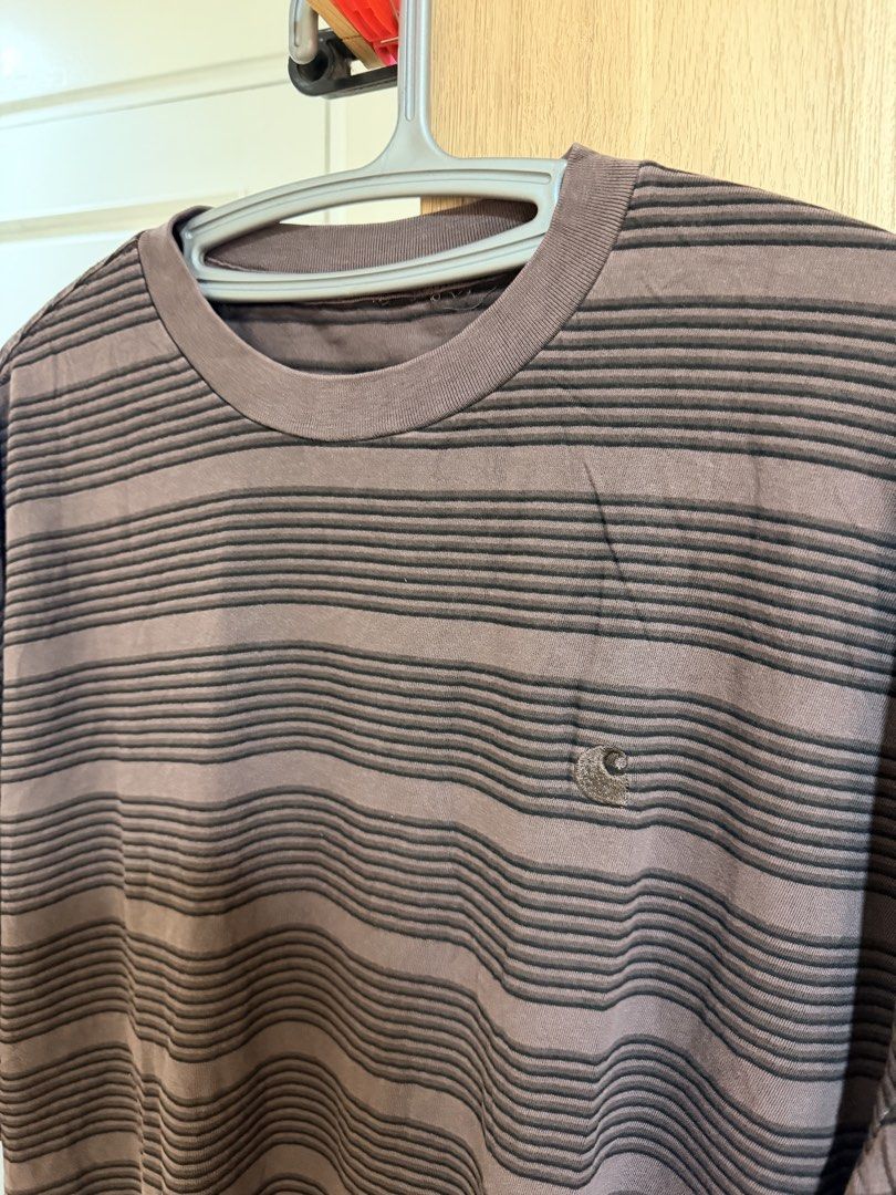 (Authentic) Carhartt WIP Work In Progress Hanson Stripes Shirt (Category: Tshirts & Polo Shirts ) located in Cavite. Submitted by kumbin (Listing ID 1440594783, Image 3). Description: Carhartt WIP Hanson Stripe T-shirt (Legit/Authentic) Color: Plum/Brown Fabric: soft, heavy cotton Dimensions: 24.5 by 29 inches (size XL fitting) Issue: removed tags, and mended dot pinhole sa likod (see last pic, barely noticeable). Other than that, brand new condi