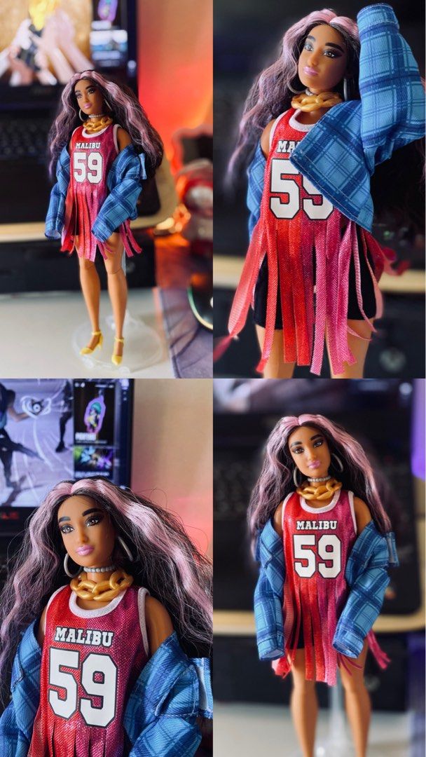 Barbie Extra #13 (Category: Kids Toys) located in Quezon City. Submitted by micah0920 (Listing ID 1440722972, Image 3). Description: - Barbie doll in sporty Malibu 59 outfit - Long, wavy purple-streaked hair - Gold chain necklace - Fringed top - Blue plaid jacket - Yellow heels - Ideal for collectors and play.