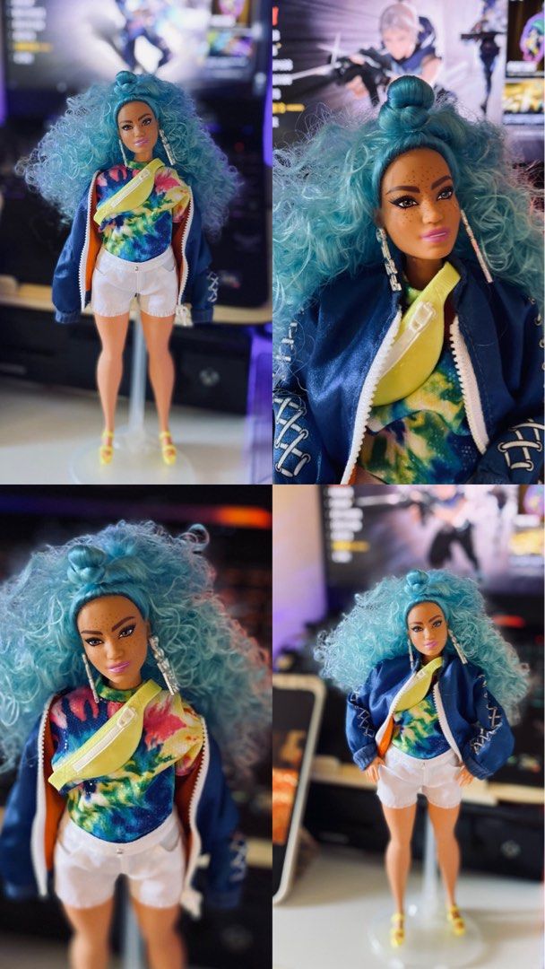 Barbie Extra #4 (Category: Kids Toys) located in Quezon City. Submitted by micah0920 (Listing ID 1440722567, Image 3). Description: - Vibrant blue curly hair - Trendy tie-dye top - White shorts - Stylish blue jacket - Fun yellow fanny pack - Chic heels - Ideal for collectors and playtime - Ready for a new home!.