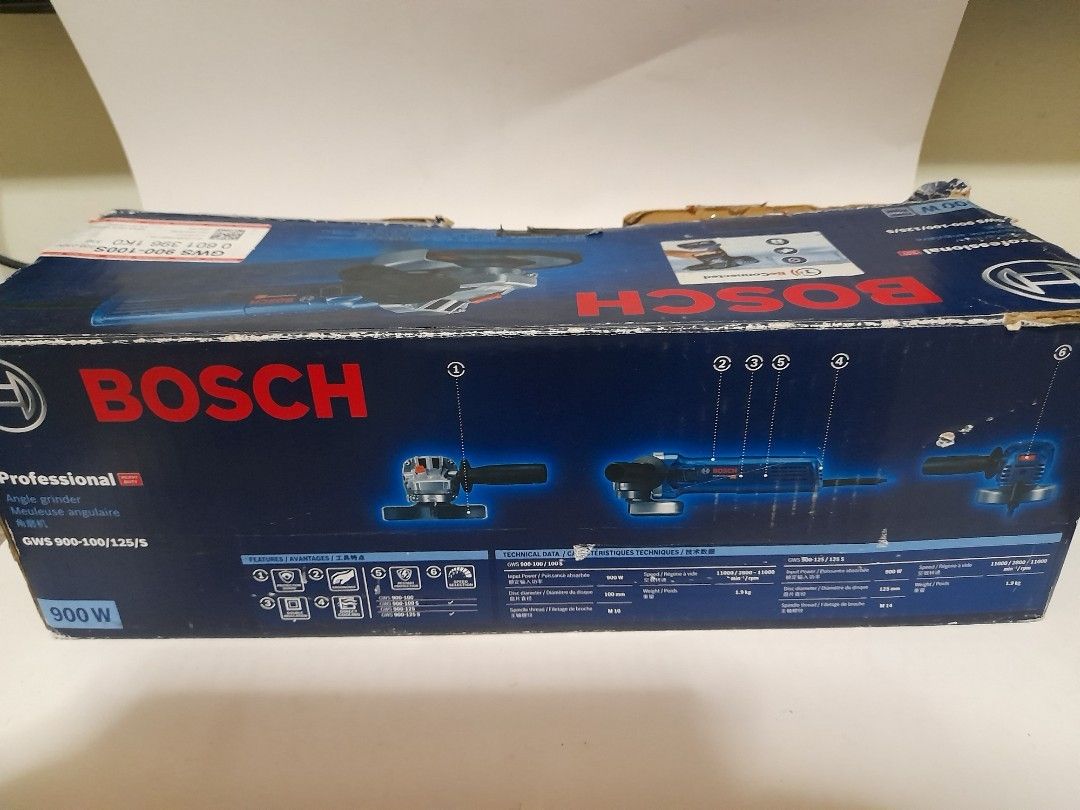 BOSCH GWS 900-100/125/S Professional Angle Grinder 900W (Category: Construction Tools & Equipment) located in Pasig City. Submitted by silentforest_59b349 (Listing ID 1440605967, Image 3). Description: - Bosch GWS 900-100/125/S Professional Angle Grinder - Powerful 900W motor for tough jobs - Features BeConnected technology - Includes a 1-year warranty sticker.