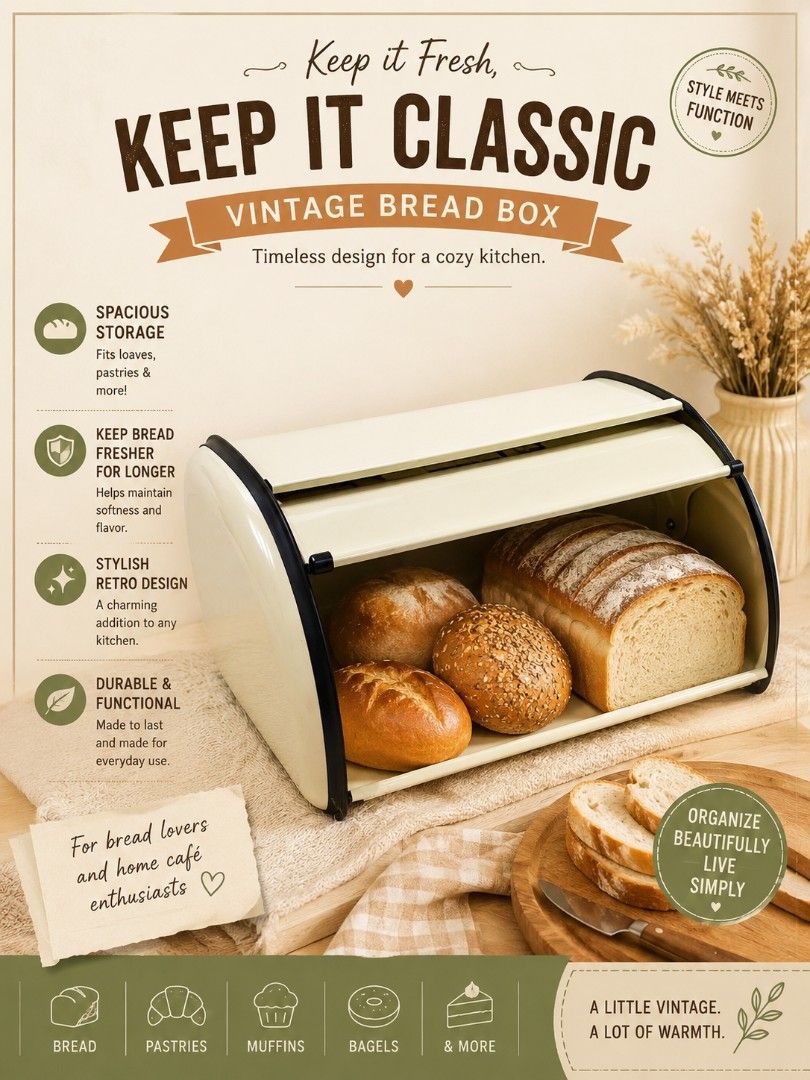 Bread Box (Category: Storage Boxes & Baskets) located in Binan City. Submitted by sakuratreasuresph (Listing ID 1440716082, Image 1). Description: 🍞✨ Add a touch of vintage charm to your kitchen with this classic Bread Box! 🇯🇵🤍 Keep your bread, pastries, and baked goodies fresh while adding a clean minimalist look to your countertop 🥐☕ ✔️ Spacious storage ✔️ Stylish retro design ✔️ Durable and functional ✔️ Perfect for cozy kitchen aesthetic