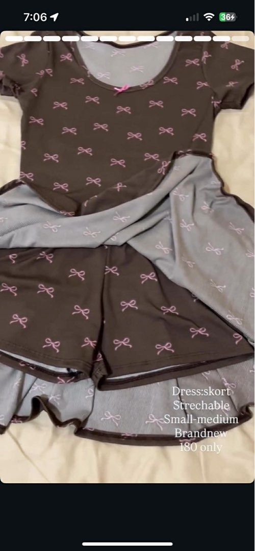 Brown Skort Dress with Pink Bows (Category: Dresses) located in Santa Cruz. Submitted by arasthrift (Listing ID 1440647123, Image 2). Description: - brndnew Adorable brown dress with a charming pink bow pattern. - Skort style with built-in shorts for extra comfort and coverage. - Made from stretchy material for a flexible and comfortable fit. - Fits small to medium sizes (S-M). - Ideal for everyday casual wear..