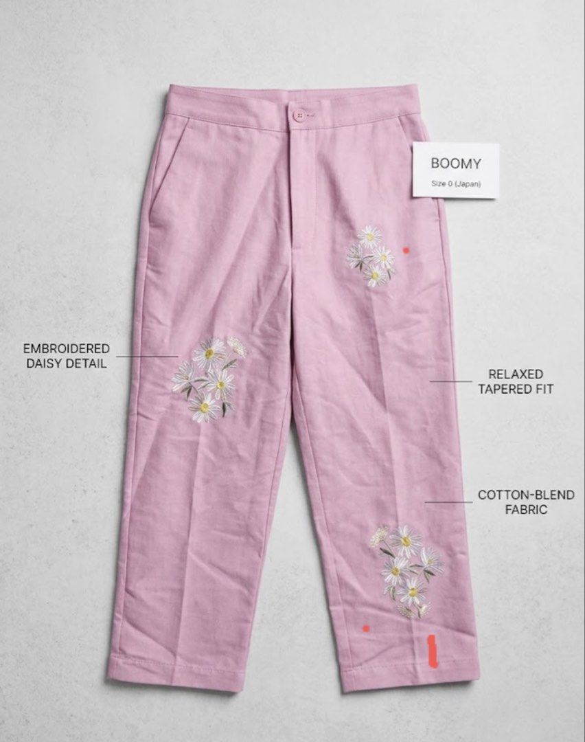 Chesty Embroidered Pink Trousers (Category: Other Bottoms) located in Taguig. Submitted by jcbpeter (Listing ID 1440733815, Image 1). Description: Chesty Embroidered Pink Trousers Size 0 (Japan), Tapered Leg, Daisy Embroidery With tag.