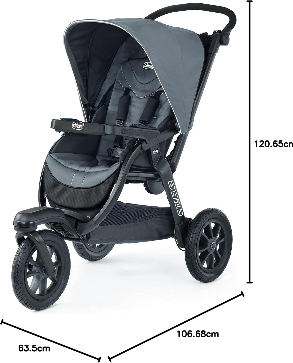 Chicco Activ3 Jogging Stroller - Eclipse | Grey - [Eclipse] [] (Category: Other Babies Going Out Needs) located in Singapore. Submitted by dealshark.com (Listing ID 1440747183, Image 2). Description: Multi-position reclining seat with full-coverage, UPF-rated extendable canopy with two peek-a-boo windows and reflective detail. Detachable padded arm bar for easy in and out as child grows. Secure, click-in attachment for all Chicco infant car seats