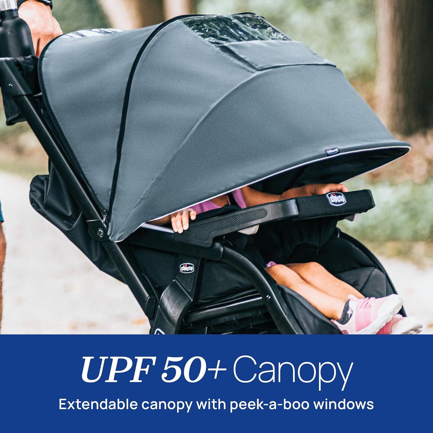 Chicco Activ3 Jogging Stroller - Eclipse | Grey - [Eclipse] [] (Category: Other Babies Going Out Needs) located in Singapore. Submitted by dealshark.com (Listing ID 1440747183, Image 7). Description: Multi-position reclining seat with full-coverage, UPF-rated extendable canopy with two peek-a-boo windows and reflective detail. Detachable padded arm bar for easy in and out as child grows. Secure, click-in attachment for all Chicco infant car seats