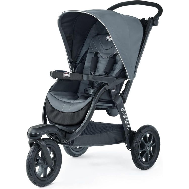 Chicco Activ3 Jogging Stroller - Eclipse | Grey - [Eclipse] [] (Category: Other Babies Going Out Needs) located in Singapore. Submitted by dealshark.com (Listing ID 1440747183, Image 1). Description: Multi-position reclining seat with full-coverage, UPF-rated extendable canopy with two peek-a-boo windows and reflective detail. Detachable padded arm bar for easy in and out as child grows. Secure, click-in attachment for all Chicco infant car seats