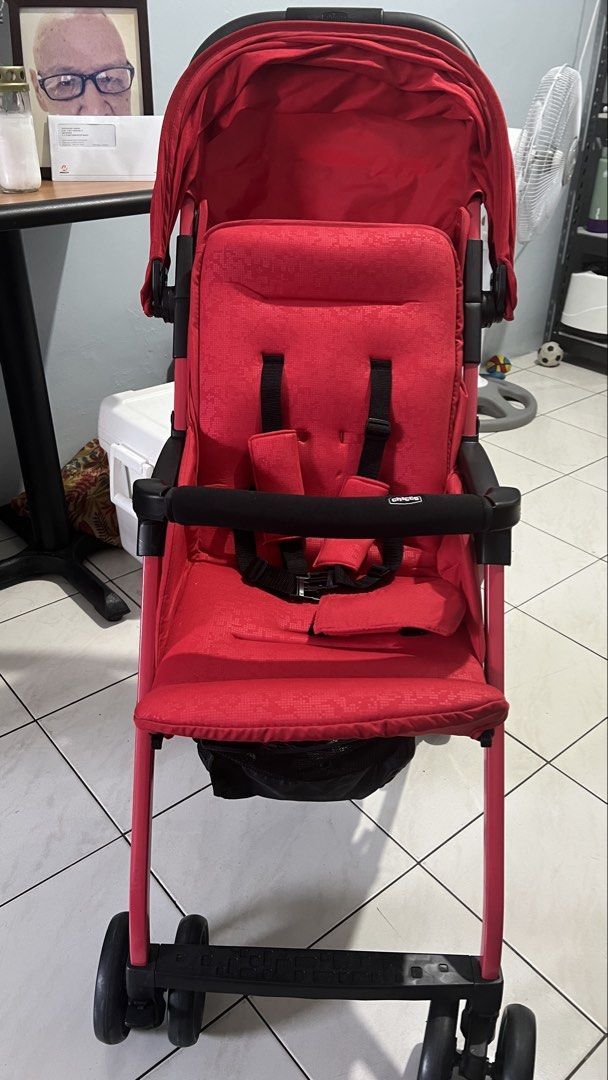 Chicco Stroller Red (bought Feb2026) (Category: Strollers) located in Quezon City. Submitted by storm1273 (Listing ID 1440587936, Image 1). Description: - Chicco red stroller - Secure 5-point harness - Convenient storage basket underneath - Protective canopy for shade - Easy to maneuver with swivel wheels - Compact folding for storage - Ideal for everyday outings.