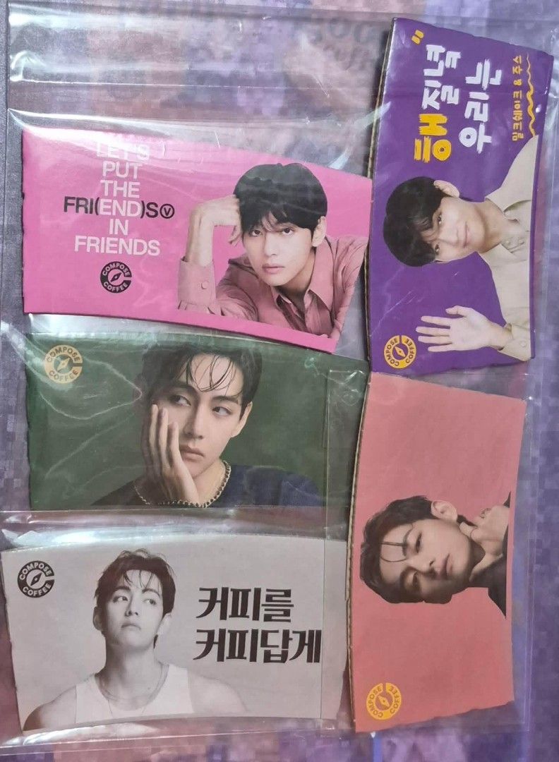 Compose Coffee BTS V Photo Card Sleeves (Category: K-Wave Merchandise) located in Makati City. Submitted by shopestepanimey (Listing ID 1440664540, Image 2). Description: Compose Coffee sleeves featuring BTS member V 75 each.