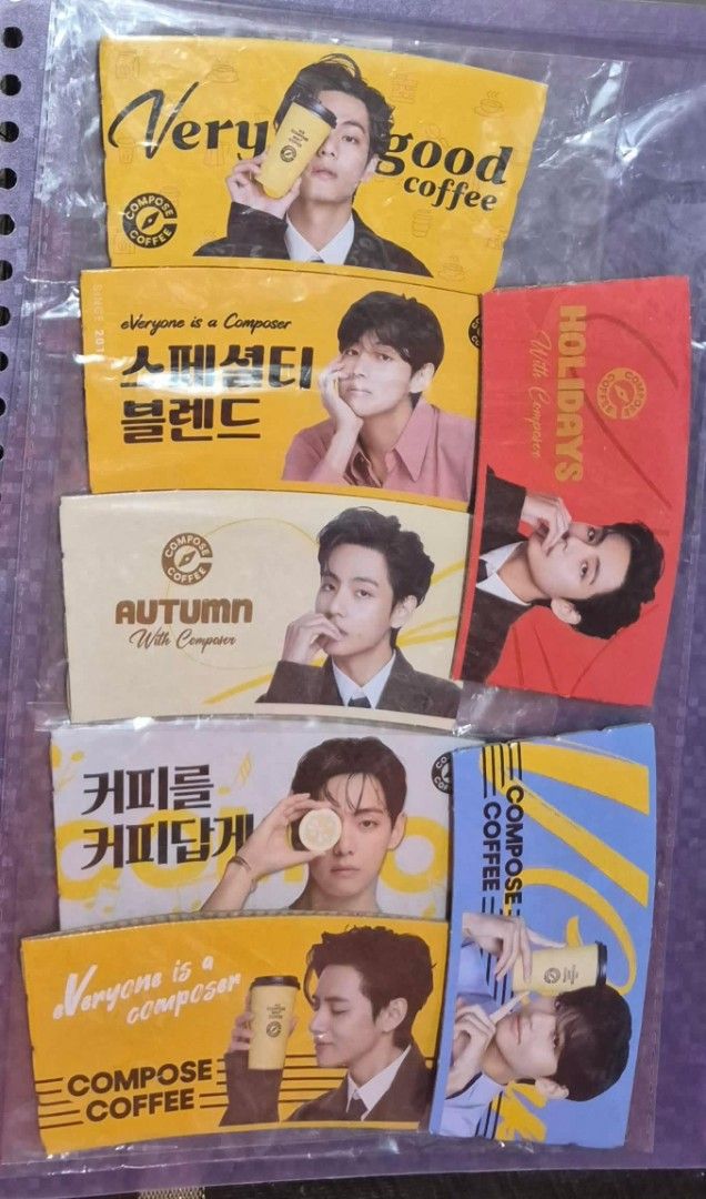 Compose Coffee BTS V Photo Card Sleeves (Category: K-Wave Merchandise) located in Makati City. Submitted by shopestepanimey (Listing ID 1440664540, Image 1). Description: Compose Coffee sleeves featuring BTS member V 75 each.
