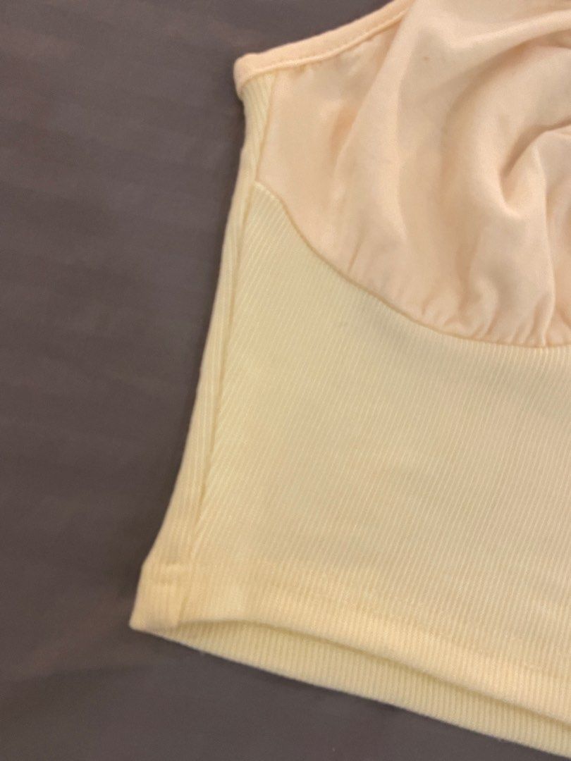 Cream/Yellow Ribbed Ruched Bustier Crop Top (Category: Sleeveless) located in Quezon City. Submitted by maxsclosett (Listing ID 1440727472, Image 2). Description: - stretchy-ish can fit xs/s/m - RFS: never use.