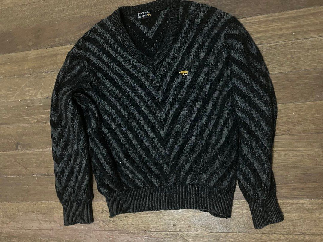 Dark Grey Chevron Knit Sweater (Category: Coats, Jackets and Outerwear) located in Taguig. Submitted by yvezntually (Listing ID 1440743280, Image 1). Description: - Cool dark grey sweater - Stylish chevron pattern - V-neck design - Long sleeves with ribbed cuffs - Ribbed hem - Small embroidered logo on chest - Versatile for layering or standalone wear.