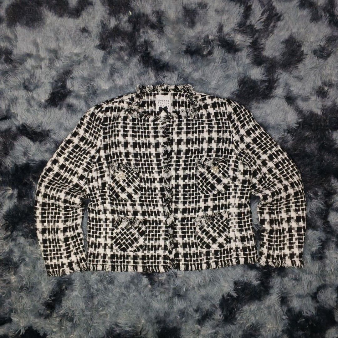 Edward Achour Cropped Tweed Jacket in Black (Category: Luxury Apparel) located in Dagupan City. Submitted by finestthriftstuffph (Listing ID 1440696628, Image 1). Description: Edward Achour Cropped Tweed Jacket in Black (Authentic) Very Presentable Size: 44 (Measured by INCHES) Width: 23 Length: 22 Shoulder: 15 Sleeve: 25 Condition: As New Color Rate: 10/10 Issue: None "Colors may vary due to lightning" "Swipe each photo to see more details.