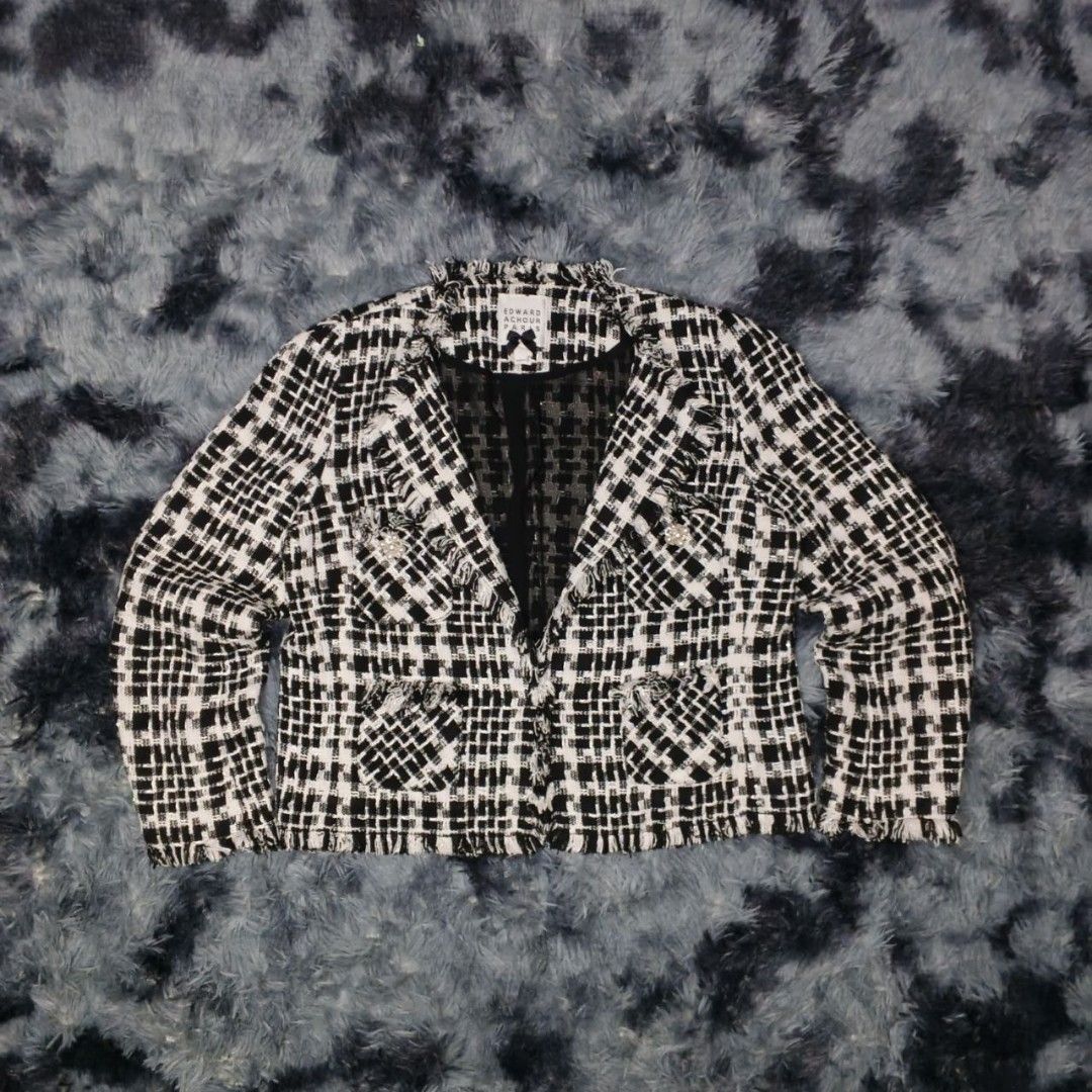 Edward Achour Cropped Tweed Jacket in Black (Category: Luxury Apparel) located in Dagupan City. Submitted by finestthriftstuffph (Listing ID 1440696628, Image 2). Description: Edward Achour Cropped Tweed Jacket in Black (Authentic) Very Presentable Size: 44 (Measured by INCHES) Width: 23 Length: 22 Shoulder: 15 Sleeve: 25 Condition: As New Color Rate: 10/10 Issue: None "Colors may vary due to lightning" "Swipe each photo to see more details.