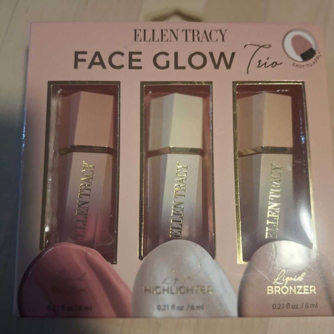 Ellen Tracy Face Glow Trio Liquid Blush Highlighter Bronzer Set (Category: Makeup) located in Mandaluyong City. Submitted by jedjed1026 (Listing ID 1440598882, Image 2). Description: - Ellen Tracy Face Glow Trio - Includes liquid blush, highlighter, and bronzer - Each bottle is 0.21 fl oz / 6 ml - Achieve a natural tan glow - Ideal for contouring and adding radiance.