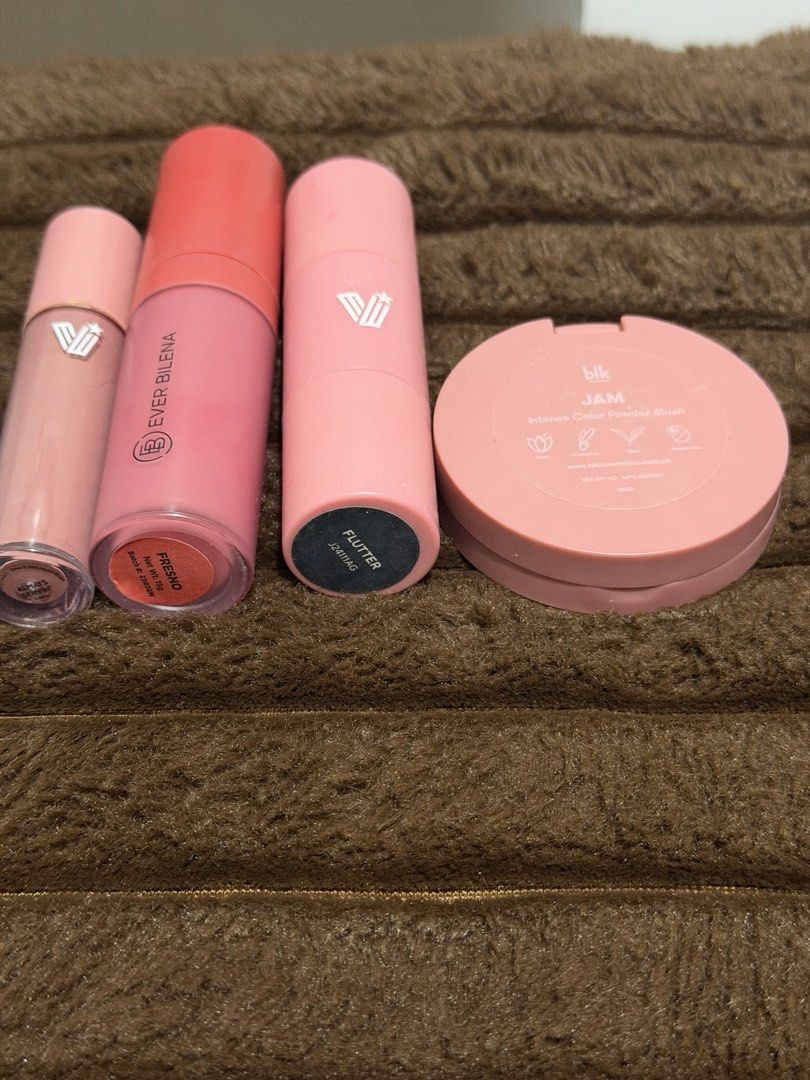 Ever Bilena, VICE & BLK Cosmetics Makeup Bundle (Category: Makeup) located in Manila. Submitted by prelovedbygayle (Listing ID 1440752988, Image 2). Description: - Bundle includes: - VICE cream blush in “Flutter” (used thrice) - VICE liquid blush in “Always servin’” (used twice) - Ever Bilena Liquid blush in “Fresno” (used thrice) - BLK Cosmetics Intense Color Powder Blush in “Jam” (swatched only) - Ideal for achieving a natural flush.