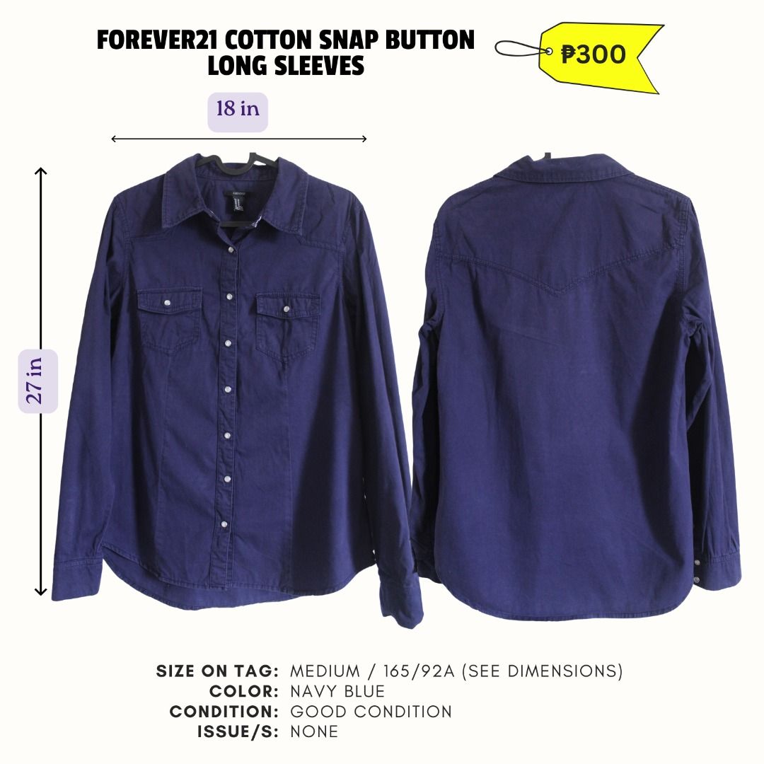 Forever 21 Long Sleeve Button Up Shirt (Category: Longsleeves) located in Quezon City. Submitted by camiscloset_ (Listing ID 1440656441, Image 3). Description: -Snap button closure See pictures for more color, condition, and size details.